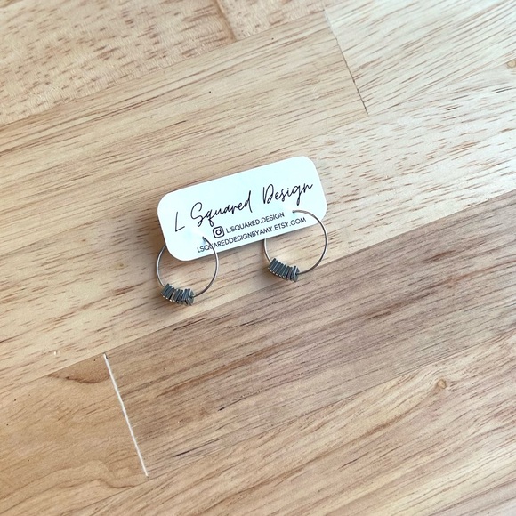 Hematite Hoop Earrings, Silver Hoop Earrings, Handmade - Picture 3 of 3